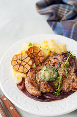 Fried Pork with Herb Butter and Mashed Potatoes