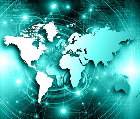 Obraz premium World map on a technological background, glowing lines symbols of the Internet, radio, television, mobile and satellite communications.