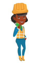 Port worker talking on wireless radio.