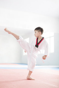 Cute boy practicing Tae Kwon Do