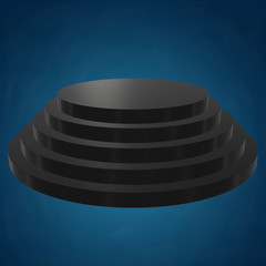 Round stage black podium for award ceremony. 3D render illustration pedestal isolated on blue background