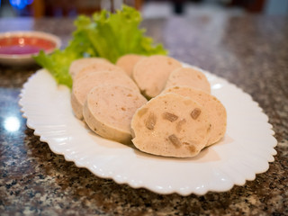 closeup mooyor or vietnamese sausage pork on plate