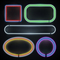 Illuminated neon borders, empty frame signs, new year, casino, party decoration vector set