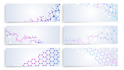 Dna molecule structure, brain cells connection. Vector chemistry medical banners set