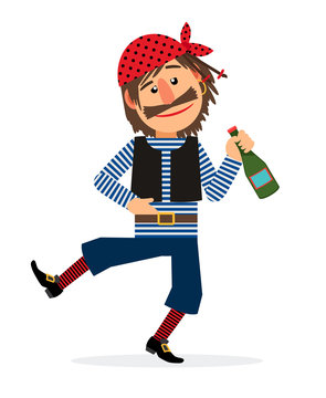 Pirate jolly dancing and holding the bottle of rum cartoon character on white background. Vector illustration