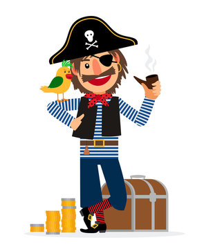 Smiling pirate character with parrot, pipe, treasure chest and coins isolated on white background. Vector illustration