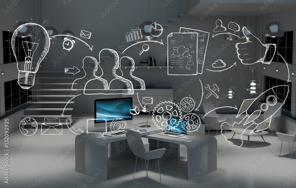 Poster hand drawn project presentation concept in office 3d rendering