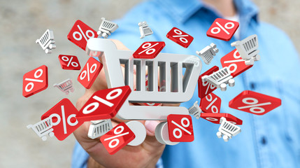 Businessman touching sales icons with a pen 3D rendering