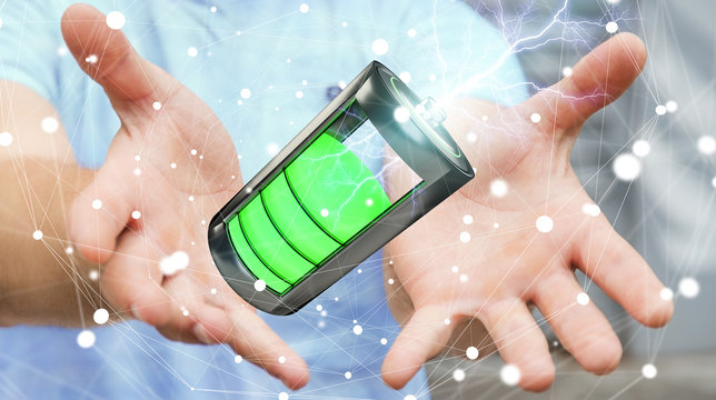 Man holding 3D render battery with lightning in his hand
