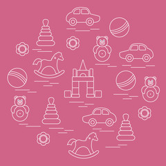 Vector illustration kids elements arranged in a circle: car, pyr