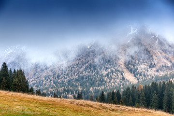 Beautiful mountain landscape. Italian Dolomites. Snowy peaks in