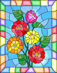 Illustration in stained glass style with flowers, buds and leaves of  zinnias on a blue background
