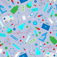Seamless pattern with hand drawn icons on a theme medicine and health, the colored icons on grey background