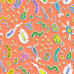 Seamless pattern with images of bacteria, germs and viruses on a orange background