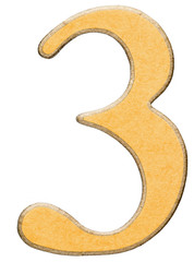 3, three, numeral of wood combined with yellow insert, isolated