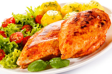 Roast chicken fillets, boiled potatoes and vegetable salad
