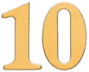 10, ten, numeral of wood combined with yellow insert, isolated o