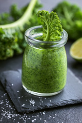 delocious  kale pesto sauce and fresh raw leaves
