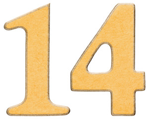 14, fourteen, numeral of wood combined with yellow insert, isola