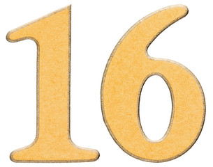 16, sixteen,numeral of wood combined with yellow insert, isolate