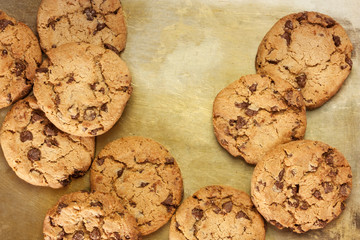 Chocolate chips cookies on vintage tray with copyspace