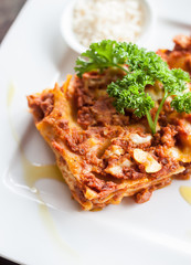 Meat Lasagna.Large white plate