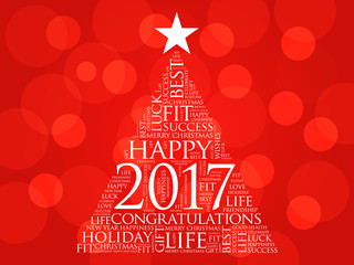 Naklejka na ściany i meble 2017 year greeting word cloud collage, Happy New Year celebration word cloud card in the shape of a christmas tree