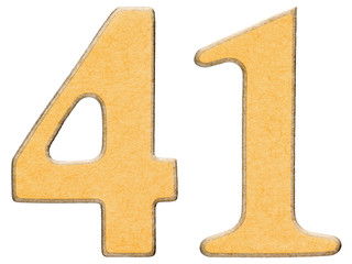 41, forty one, numeral of wood combined with yellow insert, isol
