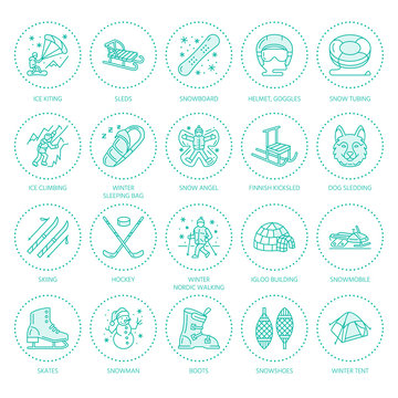 Ski, snowboard, skates, tubing, ice kiting, climbing and other winter sport line icons. Outdoor activity thin linear pictogram such as camping, igloo building, snow angel making. Equipment rent signs.