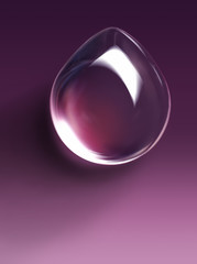 Large drop of liquid, water, dew, oil, rain, beautiful round shape bright glare and shadow on a saturated purple lilac background close-up macro. Amazing elegant colorful artistic image.