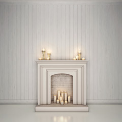 Room with fireplace and candles. 3D rendering