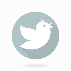 Fine vector white icon with flying bird in the light blue circle. Flat design with long shadow