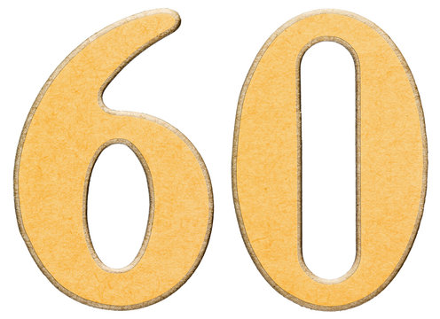 60, sixty, numeral of wood combined with yellow insert, isolated