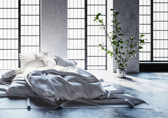 Modern minimalist hipster bed on the floor