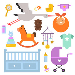 New-born, baby, baby shower items, design elements vector set.