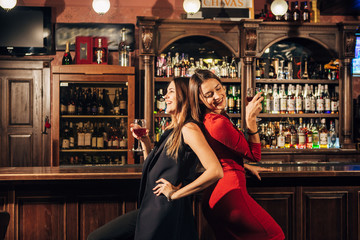 Fototapeta na wymiar two beautiful women having fun at the bar