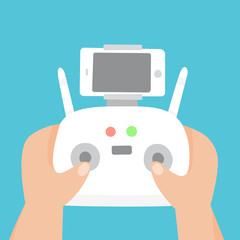 Hand holding control joystick with smartphone on it. Vector hand drawn illustration.