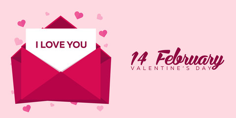 Happy Valentines Day. Pink envelope on pink background. Vector flat illustration.