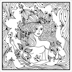 Beautiful woman head with abstract hair with floral design. Coloring book anti stress for adults. Vector illustration. Black and white in zentangle style.