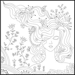Obraz na płótnie Canvas Beautiful woman head with abstract hair with floral design. Coloring book anti stress for adults. Vector illustration. Black and white in zentangle style.
