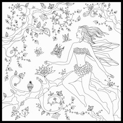 Beautiful fairy sitting on the magic tree. Coloring book anti stress for adults. Vector illustration. Black and white in zentangle style.