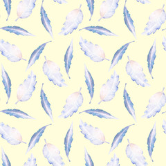 Seamless floral pattern with the watercolor blue leaves, hand  painted isolated on a yellow background