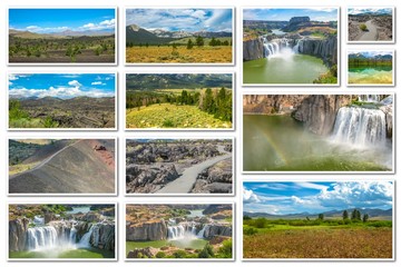 Collage of several landmark locations: Craters of the Moon, Idaho Falls, Sawtooth National Forest in Idaho, United States, isolated on white background.