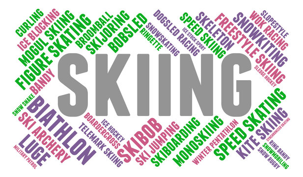 Skiing. Word cloud, colored font, white background. Olympics.