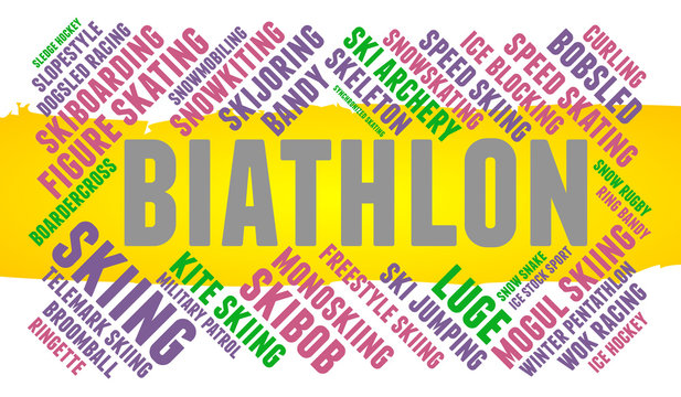 Biathlon. Word cloud, colored font, white background. Olympics.