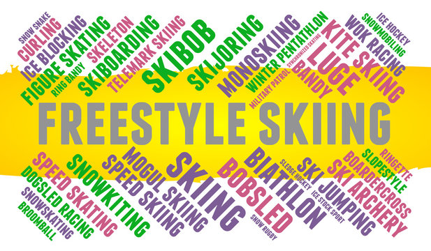 Freestyle skiing. Word cloud, colored font, white background. Olympics.