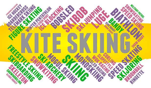 Kite skiing. Word cloud, colored font, white background. Olympics.