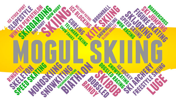 Mogul skiing. Word cloud, colored font, white background. Olympics.