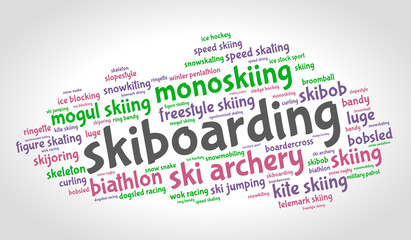 Skiboarding. Word cloud, colored italic font, grey gradient background. Olympics.