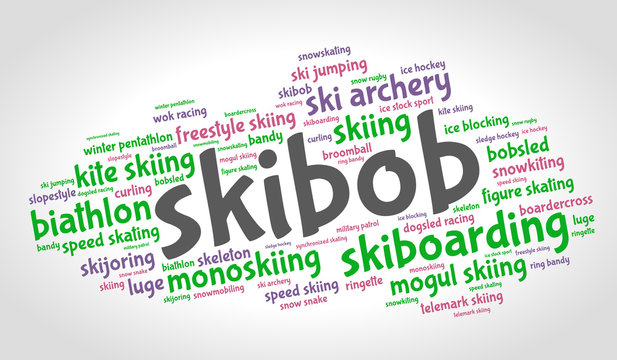 Skibob. Word cloud, colored italic font, grey gradient background. Olympics.	